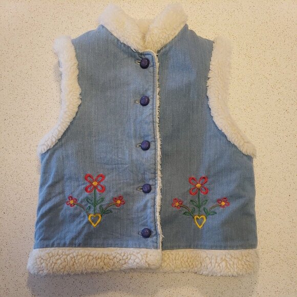 Vtg Sherpa Lined Vest Girls 14 Large Denim Embroidered 70s Hippie Sears Roebuck - Picture 3 of 8